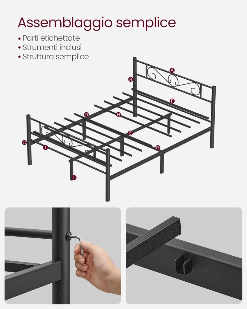 VASAGLE Struttura Letto Matrimoniale, Letto a Doghe in Metallo per Materassi di 140 x 200 cm, per Stanza di Ospiti, Montaggio Facile, per Spazi Piccoli, Nero Inchiostro RMB064B01