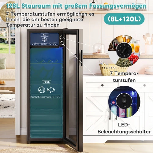 Mini frigorifero; congelatore; volume totale 128L; freezer 8L; frigorifero da 120L; basso rumore; sistema di raffreddamento del compressore; efficiente energeticamente; scaffali regolabili; nero