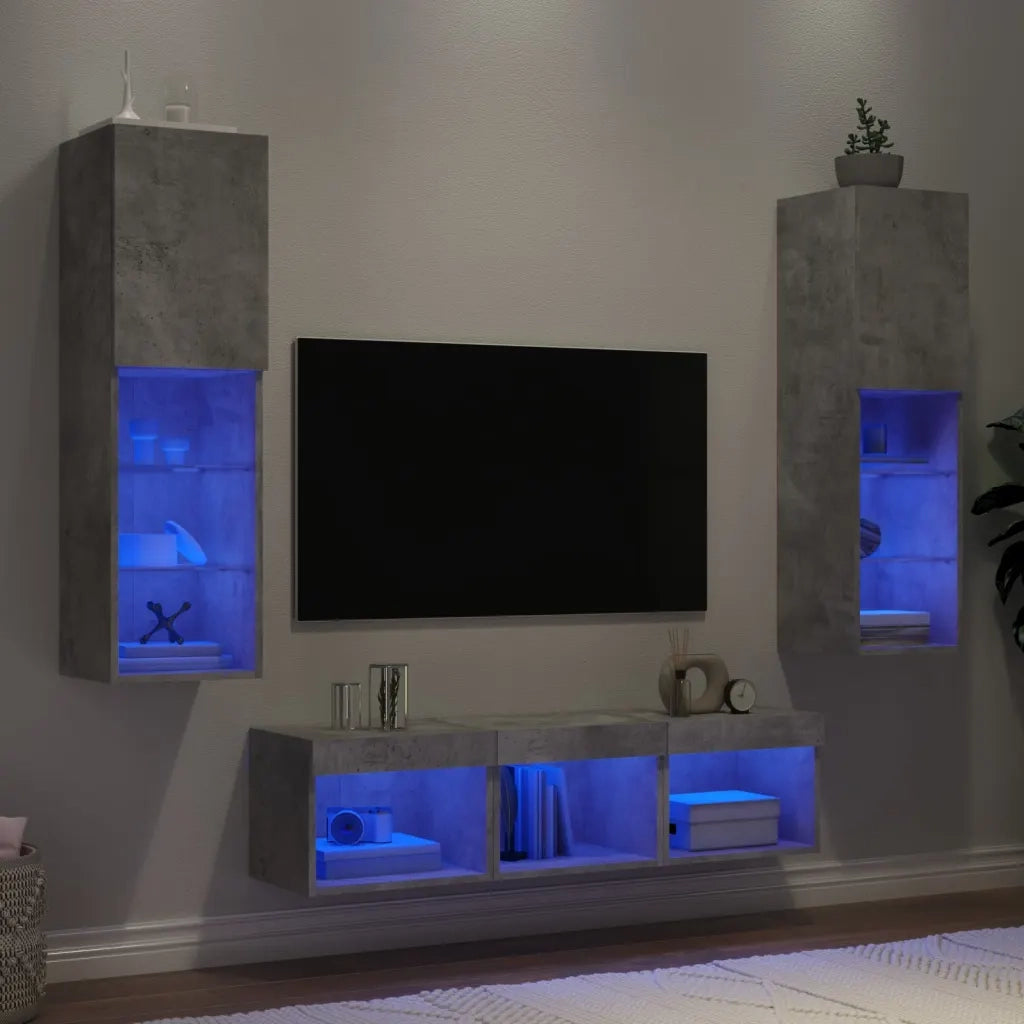 Mobili TV a Muro con LED 5 pz-Credenza per TV sospesa Grigio Cemento Legno Multistrato 738363