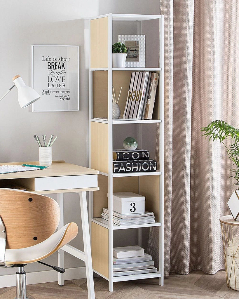 Libreria bianca con legno chiaro 165 x 35 cm Scaffale a 5 ripiani Moderno e minimalista