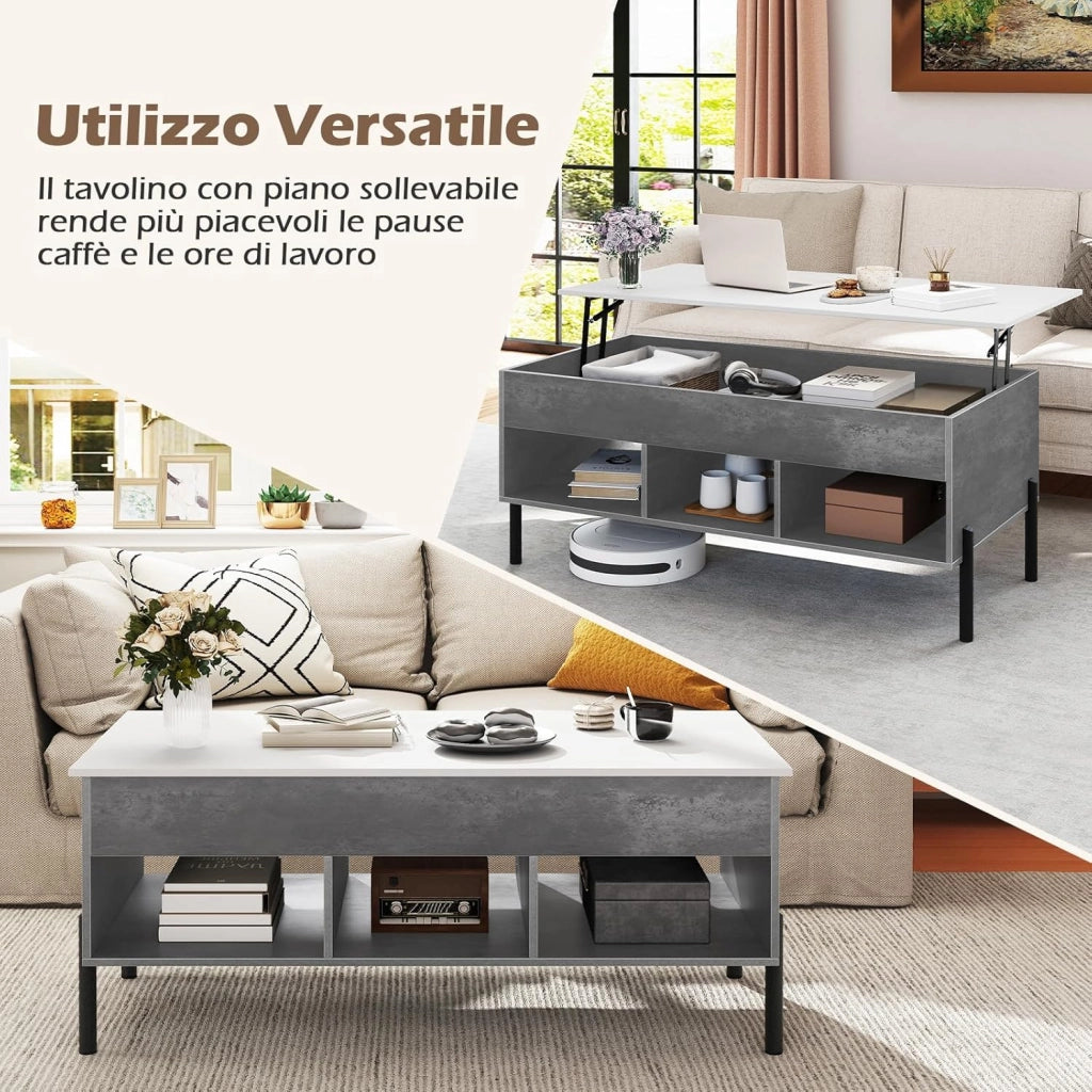 Tavolino da Caffè Sollevabile, Tavolo da Salotto con Piano Sollevabile, Ampio Comparto Nascosto, 3 Scomparti Aperti e Gambe in Metallo, Ideale per Salotto e Ufficio (Grigio)