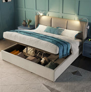 Letto imbottito 140x200 cm beige con contenitore, luce da lettura USB e materasso H3