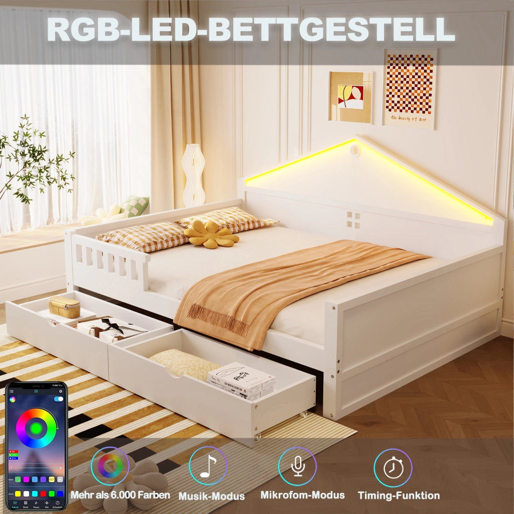 DESMIU Letto divano 2 posti con 2 cassetti e LED regolabile 140 × 200 cm, senza materasso, in legno massello e MDF, bianco