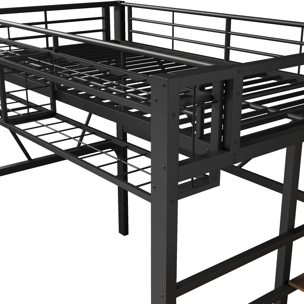 Letto a soppalco singolo 90×200 cm con ripiani a gradini; LED e vano aperto; senza materasso; metallo; nero
