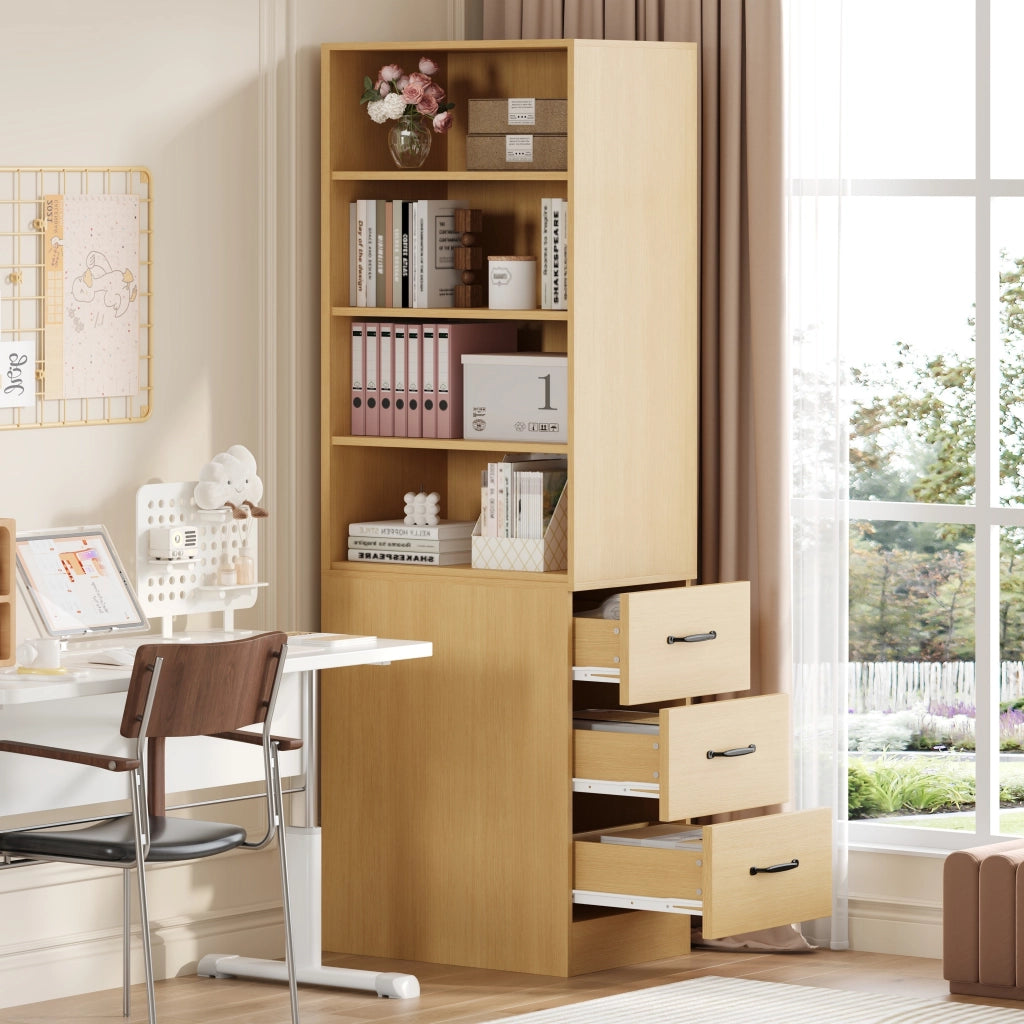 Libreria alta con 3 cassetti e 2 ripiani regolabili, per piccoli spazi, in truciolare, rovere, 60 × 38 × 180 cm