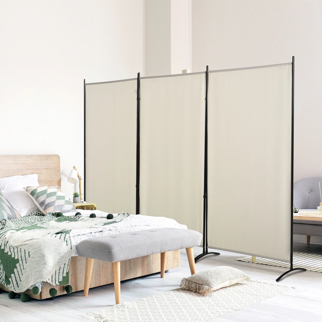 Paravento Separ¨¦ a 3 Pannelli Pieghevole ¨C Zephmum ¨C Metallo e Poliestere Beige 253x50x182cm