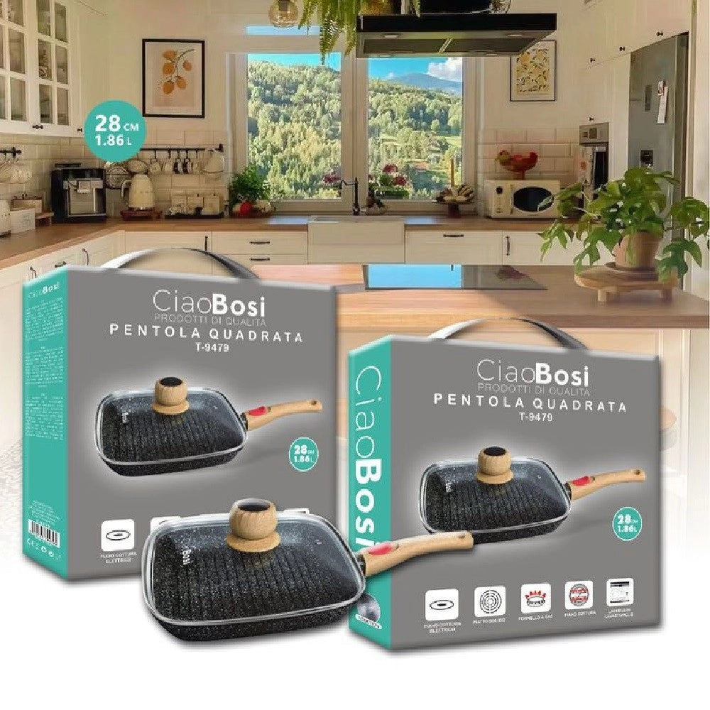 Trade Shop - Padella Quadrata Con Manico Coperchio 28cm 1,86lt Per Piano Cottura Alimenti T-9479 -