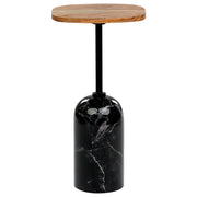 Tavolino moderno rotondo a forma geometrica piano in legno di acacia chiaro base in metallo effetto marmo nero soggiorno elegante