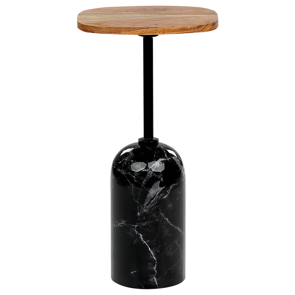 Tavolino moderno rotondo a forma geometrica piano in legno di acacia chiaro base in metallo effetto marmo nero soggiorno elegante