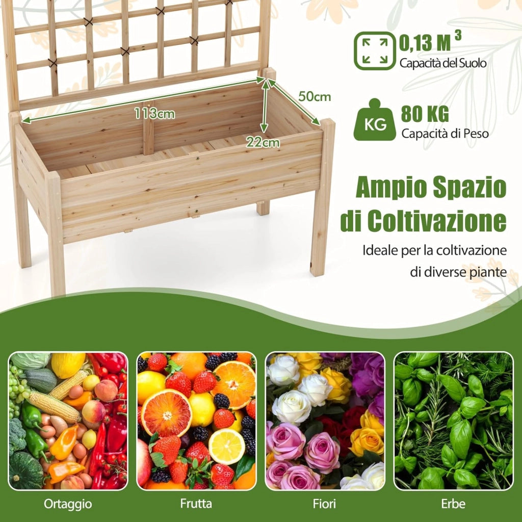 Letto da Giardino Elevato con Traliccio per Rampicanti, Fori di Drenaggio, Fioriera Rialzata in Legno con Grigliato e Piedi per Rampicanti, Fiori, Erbe, Verdure, Frutta, Balcone, Carico 80 kg