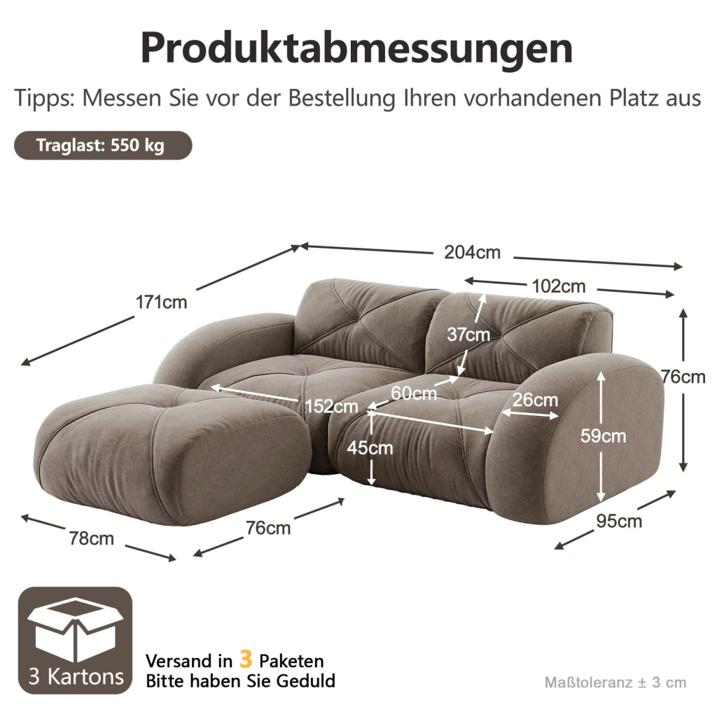 Divano modulare in ciniglia taupe; 204x171x76 cm; schiuma 32D