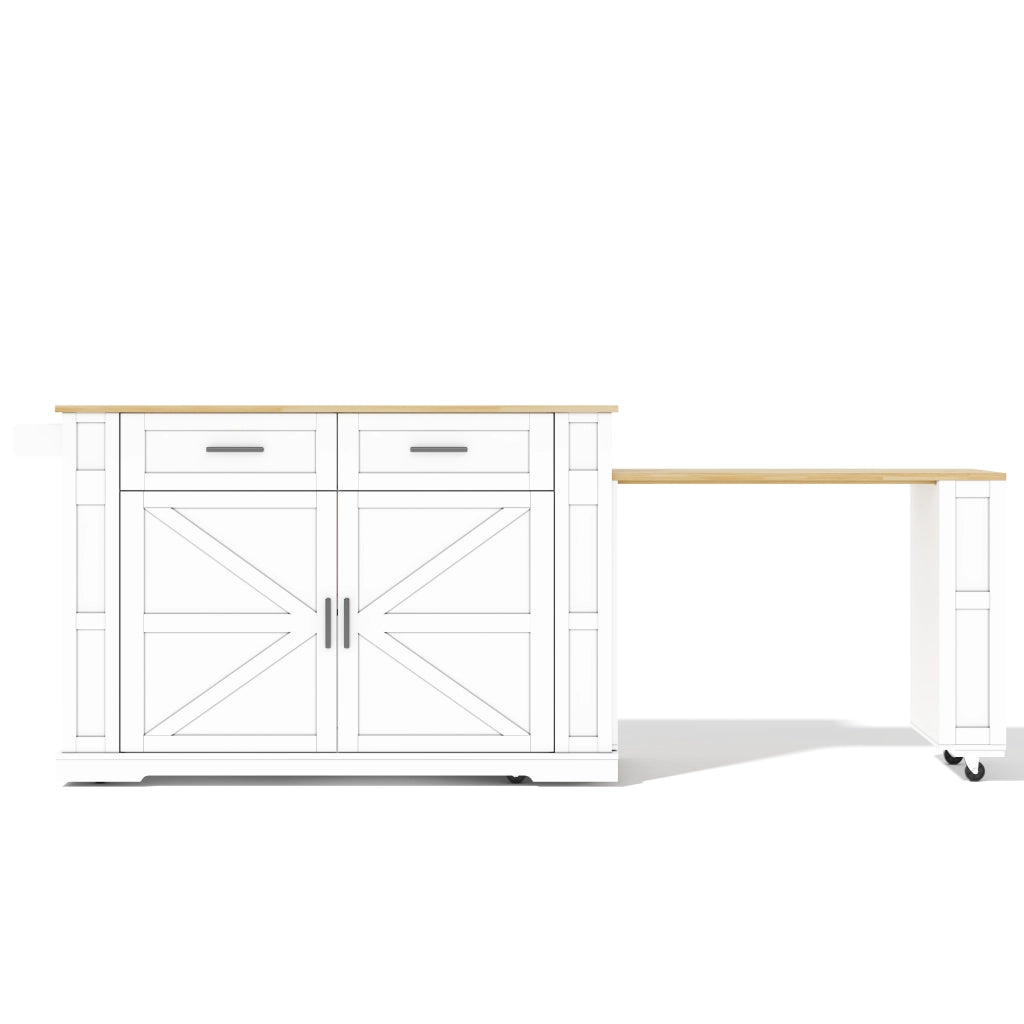 Isola da cucina mobile con piano estraibile, 2 cassetti, mobile con anta doppia, ripiano regolabile, presa integrata e 7 ruote