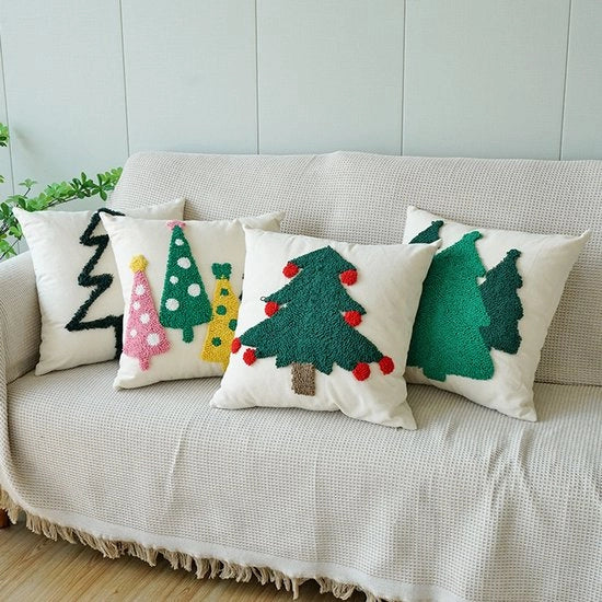 Set di copriscaldino per Natale 45 x 45 cm, set di 4, verde scuro, disegno con più alberi di Natale, decorazioni natalizie, copriscaldini morbidi per le feste invernali.