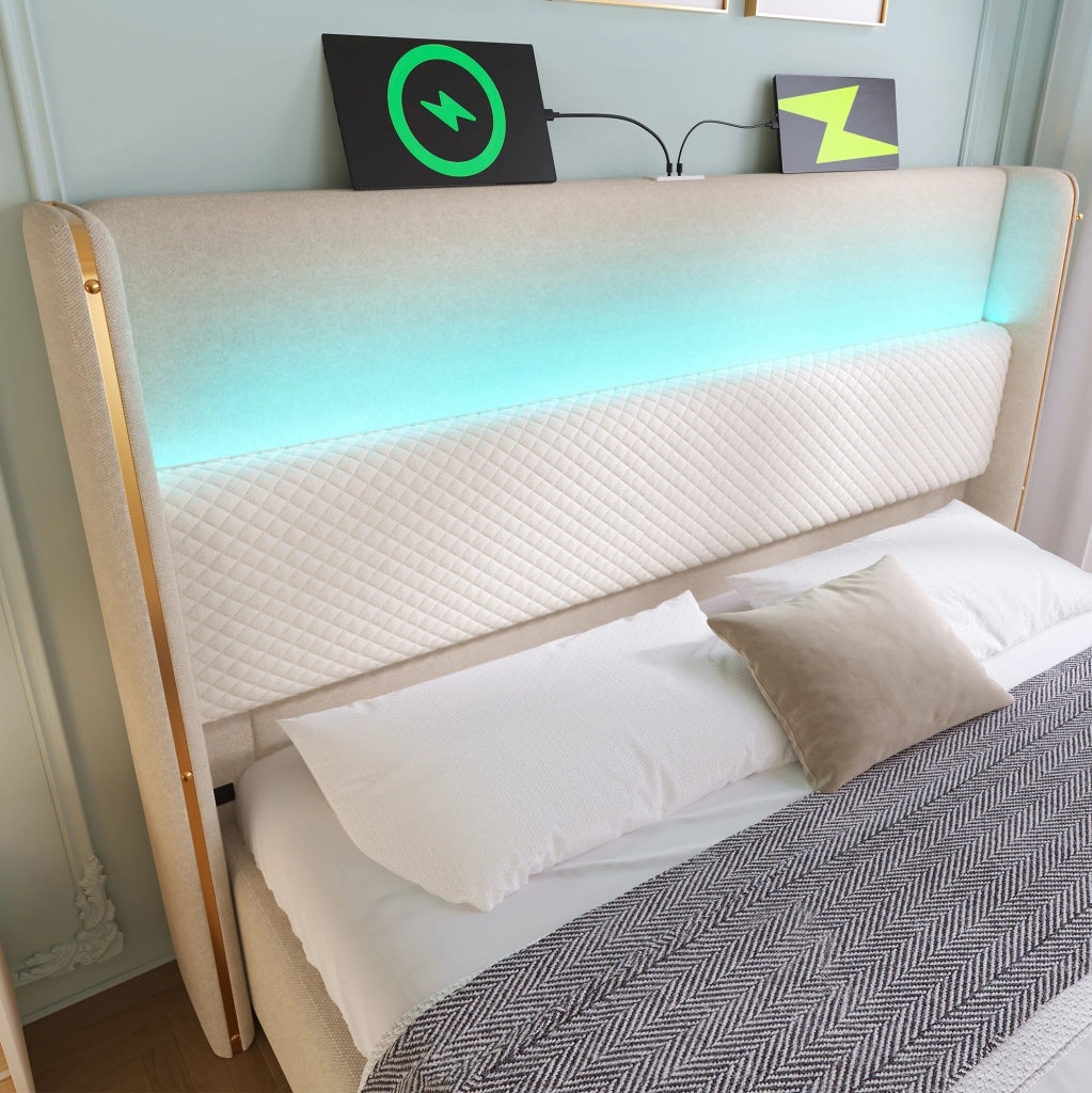 Letto idraulico 160x200 cm beige con materasso H3, LED, USB e Type-C