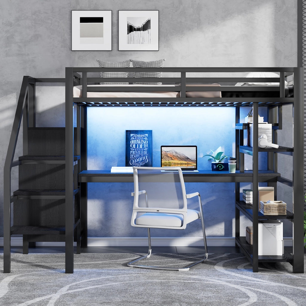 Letto a soppalco 140 × 200 cm con scrivania, armadio aperto, scale contenitore e LED regolabile, senza materasso, in metallo e MDF, nero
