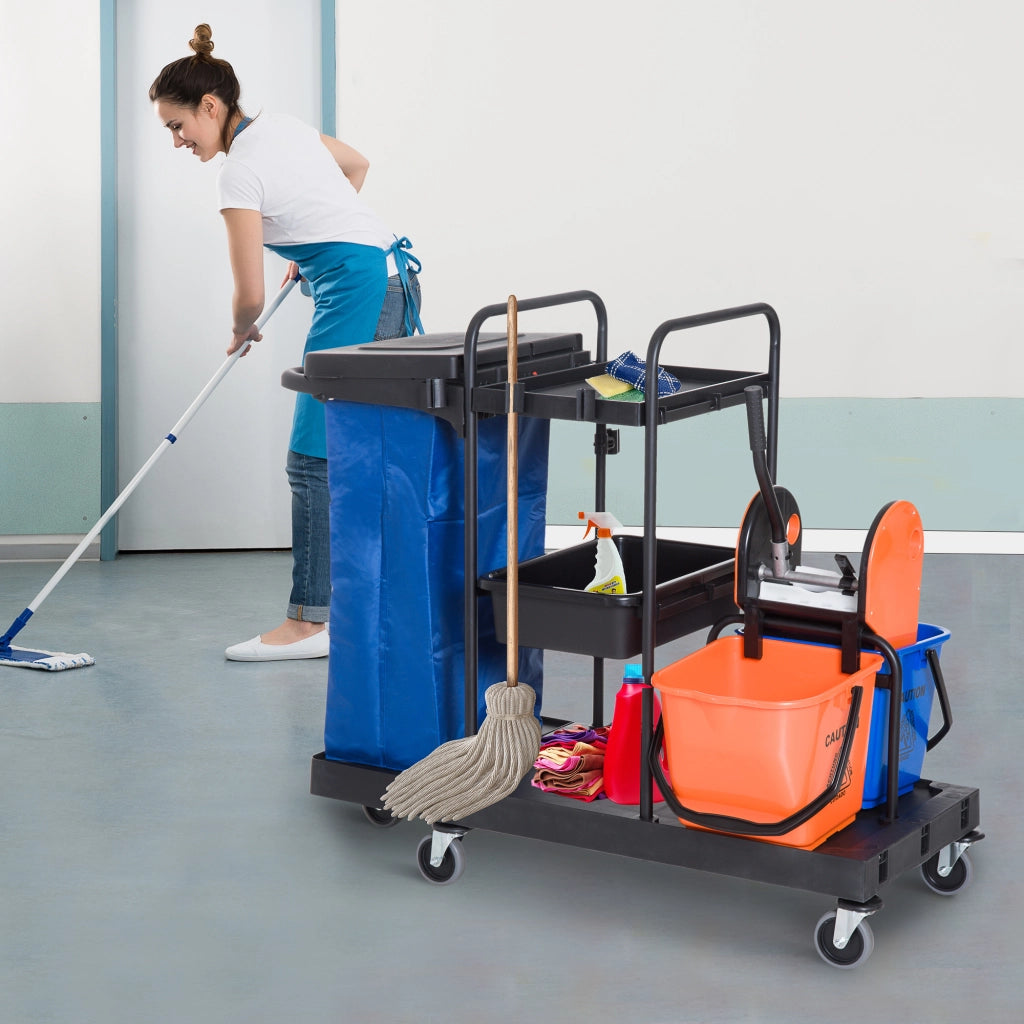 Carrello pulizia 3 piani con pressa ¨C zephmum ¨C 2 secchi 18L, sacco rifiuti, 4 ruote