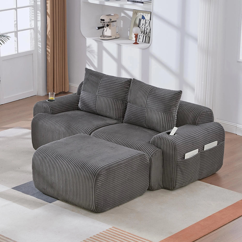 Canap¨¦ modulable in velluto costato per 2 persone - Xylo - Con pouf, porta-bevande e tascone laterale