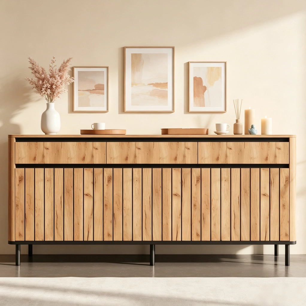 Sideboard moderno 160 x 40 x 73 cm in MDF con 3 cassetti e 3 ante a lamelle