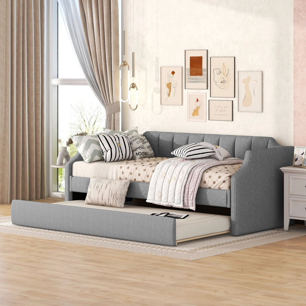 Letto singolo con letto estraibile 90×200 cm e 90×190 cm con cuscini imbottiti; senza materasso; grigio