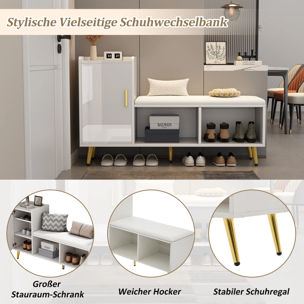 Scarpiera con 1 anta; 3 ripiani regolabili e panca imbottita - per ingresso - 120×35×71.5 cm - bianco