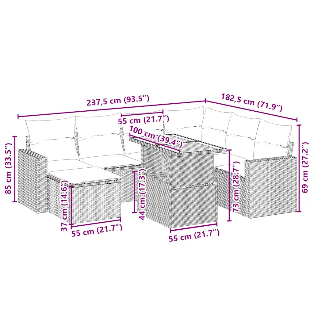 Set Divano da Giardino 8 pz con Cuscini Beige in Polyrattan