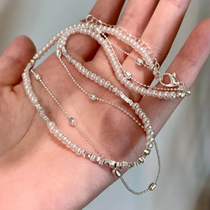Collana a doppio strato di perle d'argento fatta a mano, regalo di Natale o di compleanno.