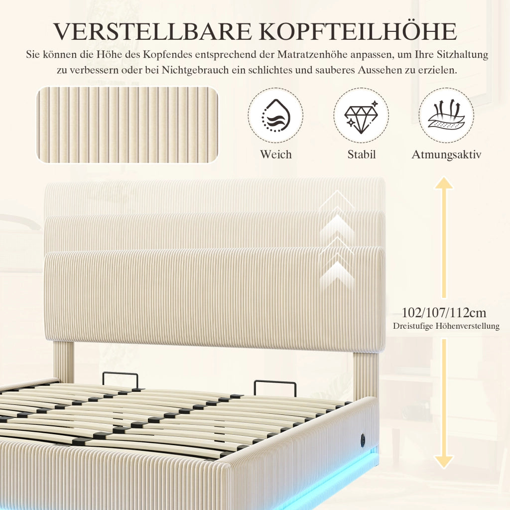 Letto contenitore 180 × 200 cm 2 posti con LED, USB-C, testiera regolabile, senza materasso, beige