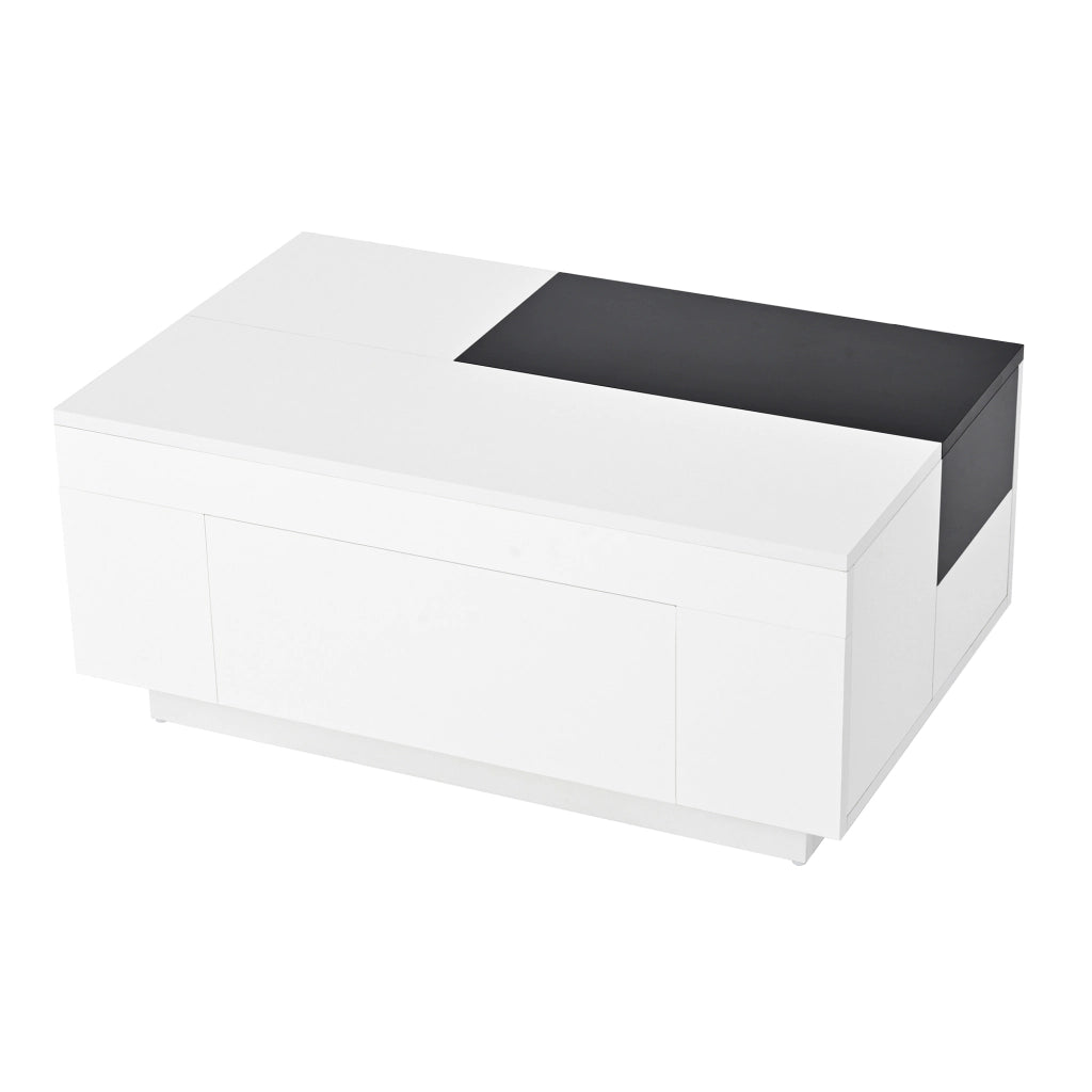 Tavolino da salotto lucido con LED - Zephmum - Piano estraibile nero-bianco, luce regolabile 16 colori