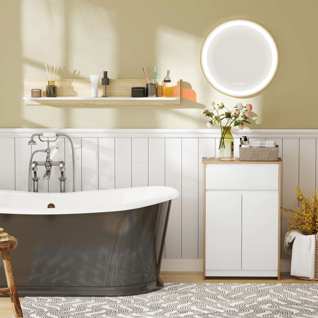 Mobiletto Bagno con Cassetto e 2 Ante ¨C Zephmum ¨C 60x30x90 cm Bianco e Legno Naturale