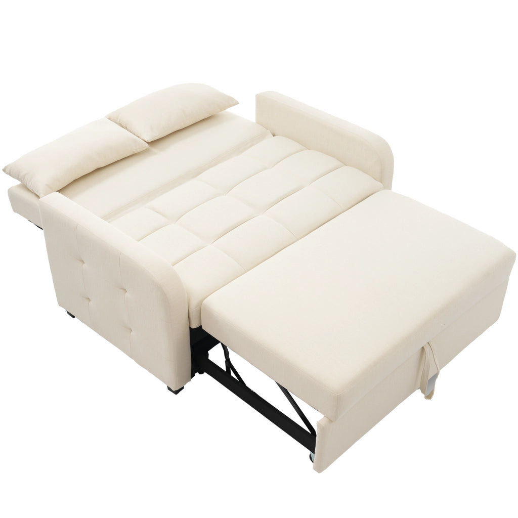 OKWISH Divano Letto 2 Posti, Schienale Regolabile in 3 Posizioni con 2 Cuscini, Meccanismo Scorrevole, Lino Cotone, Beige