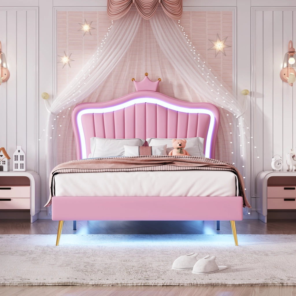 Letto Imbottito per Bambini con LED ¨C MINIMAL ¨C Rosa, PU, Rete a Doghe, 90x200