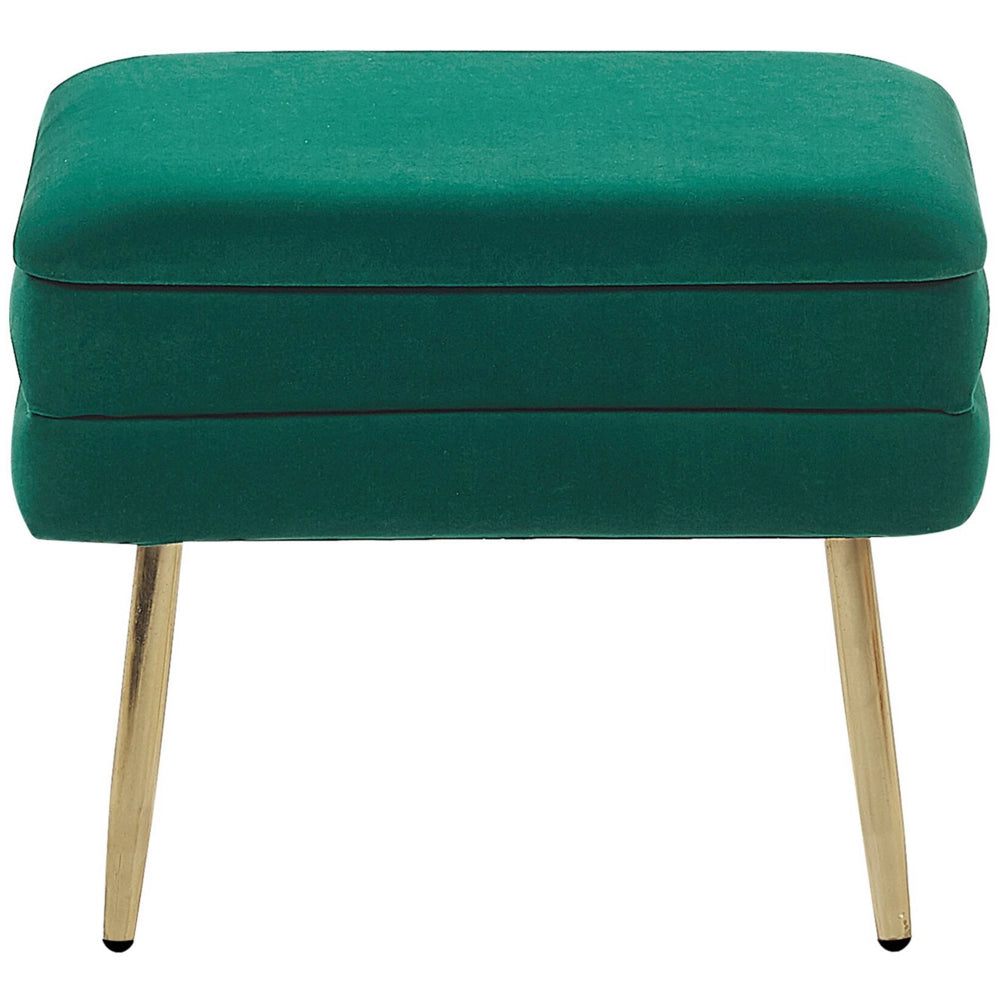 Panca portaoggetti Rivestimento in velluto di poliestere verde scuro Gambe in ferro dorato Poggiapiedi per soggiorno dal design glam