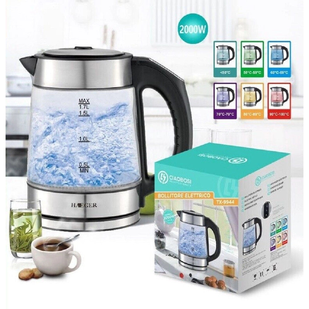 Trade Shop - Bollitore Elettrico In Vetro Capacità 1,7 Lt 2000 W Acqua Ufficio Viaggi Tx-9944 -