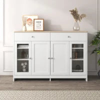 Credenza Moderna con Superficie in Legno, con 4 Ante e 2 Cassetti e Anta in Vetro, per Soggiorno e Sala da Pranzo, Bianco