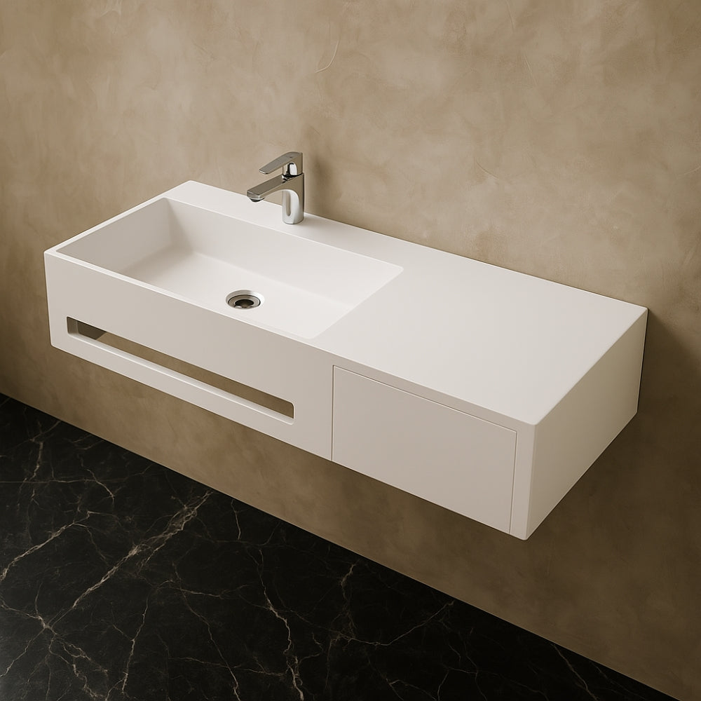 Lavabo in artificial stone bianco opaco matt modello alex sospeso con porta salviette *** confezione 1