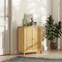 Credenza Stile Boho in Rattan e Bambù con 2 Ante e Mensola Interna, 60x27x67.5cm, Colore Legno