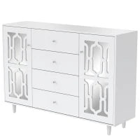 Credenza Specchiata con Maniglie a Cristallo,2 ante con ripiani mobili interni e 4 cassetti centrali,Bianco