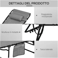 Set 2 Lettini Prendisole con Schienale Reclinabile e Tasca, in Acciaio e Poliestere, 65x188x36 cm, Grigio e Nero
