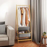 Stender per Abiti Pieghevole in Bambù con Cesto di Stoffa con Coperchio per Ingresso Camera da Letto 60x44,5x157,5 cm Grigio