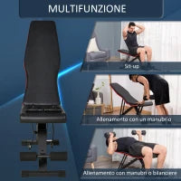 Panca Multifunzione per Addominali e Pesi, Inclinazione Regolabile ed Elastici, 130x48x48-109cm, Nero