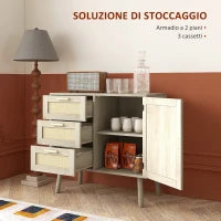 Mobile Multiuso Stile Boho con Armadietto e 3 Cassetti in Legno e Rattan, 80x36x75cm, Rovere