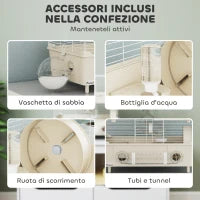 Gabbia per Criceti a 2 Livelli e 3 Porte con Ruota e Tubi, in Acciaio, PS e PP, 44.5x28x44 cm, Crema e Bianco