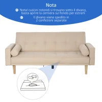 Divano Letto 3 Posti con Schienale Regolabile su 3 Livelli, 2 Cuscini e Braccioli Rimovibili, Beige, 185x84x85cm