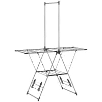 Stendibiancheria Verticale Pieghevole con Ali Regolabili 4 Supporti per Scarpe Barra e Ripiano 139x62,5x201 cm Argento