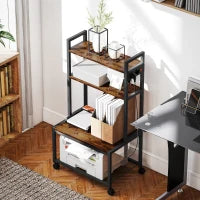 Carrello Porta Stampante a 4 Livelli con Prese di Corrente, Ruote e Telaio in Metallo, 55x37.5x100 cm, Marrone