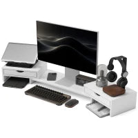 Alzata per Monitor da Scrivania per Computer da 60-116 cm con 2 Cassetti, Lunghezza e Angolo Regolabili, Bianco