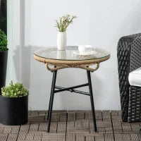 Tavolino da Giardino Rotondo Stile Boho in Rattan PE e Vetro, Ø50x50cm, Beige