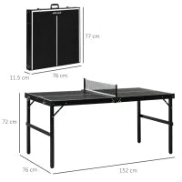Tavolo Ping Pong Pieghevole con Maniglia da Trasporto, in Alluminio e Legno, 152x76x72 cm, Nero