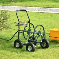 Carrello avvolgitubo d'irrigazione in metallo con impugnatura antiscivolo e Cestino Portaoggetti, Verde