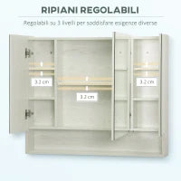 kleankin Armadietto con Specchio a 4 Sezioni con Ripiani Regolabili, Specchiera Bagno in Legno e Vetro, 90x15x75 cm, Bianco